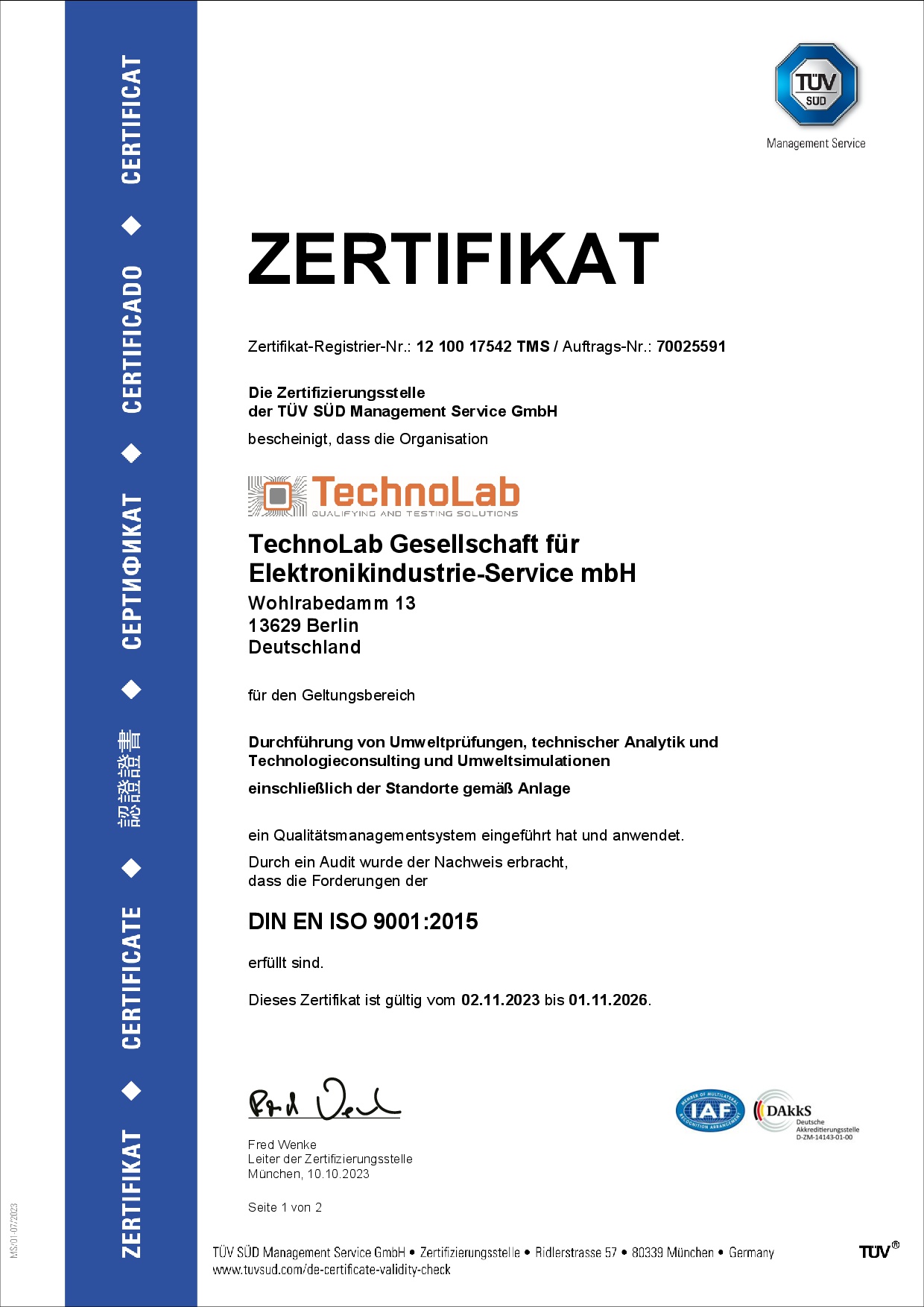 Zertifikat ISO 9001:2015 TechnoLab GmbH